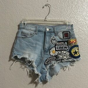 Hot & Delicious Denim Jean Shorts Size Small Stretchy With Artful Patches